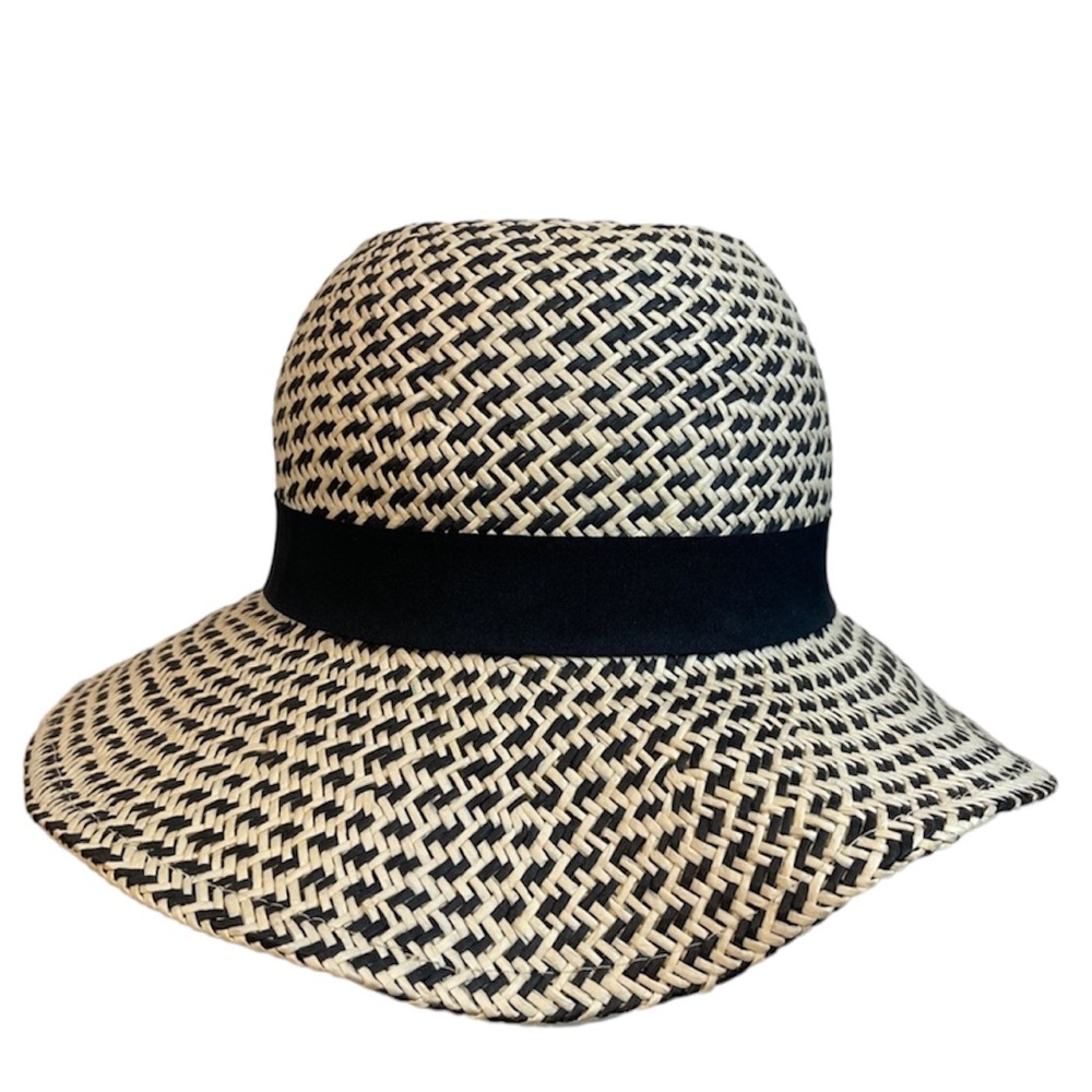 Loft Two Tone Black and Cream Woven Summer Sun Beach Straw Hat S/M